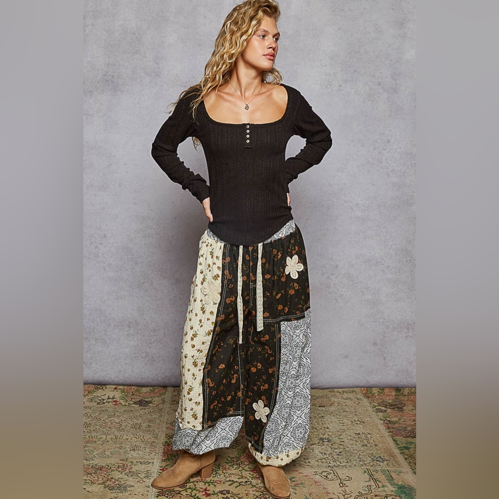 Pol “ Bloom + Loom Pants “ Patchwork Joggers Blac… - image 8